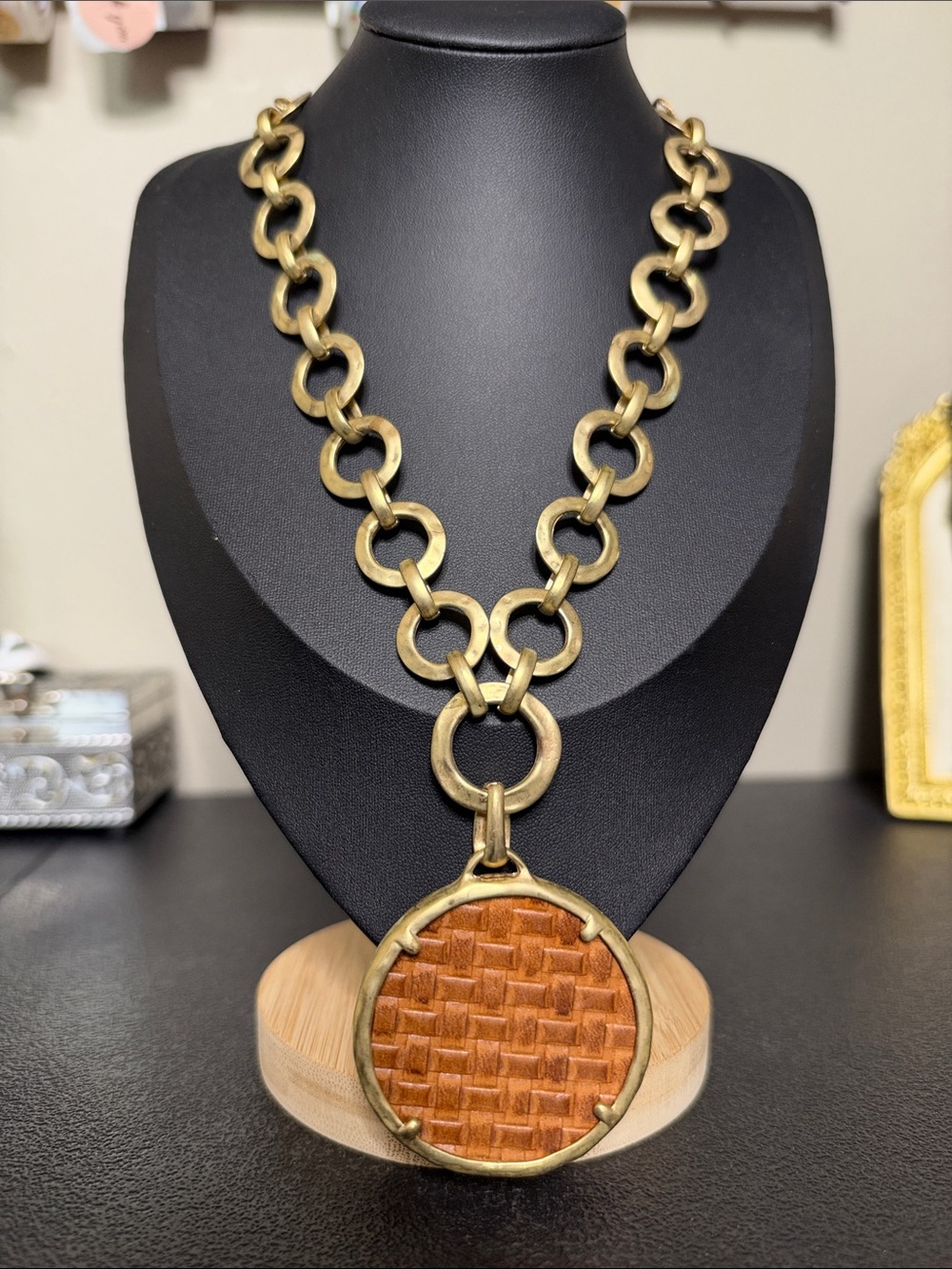 Patricia Nash Gold Chain Necklace Tan Woven Leather Pendant Statement Boho